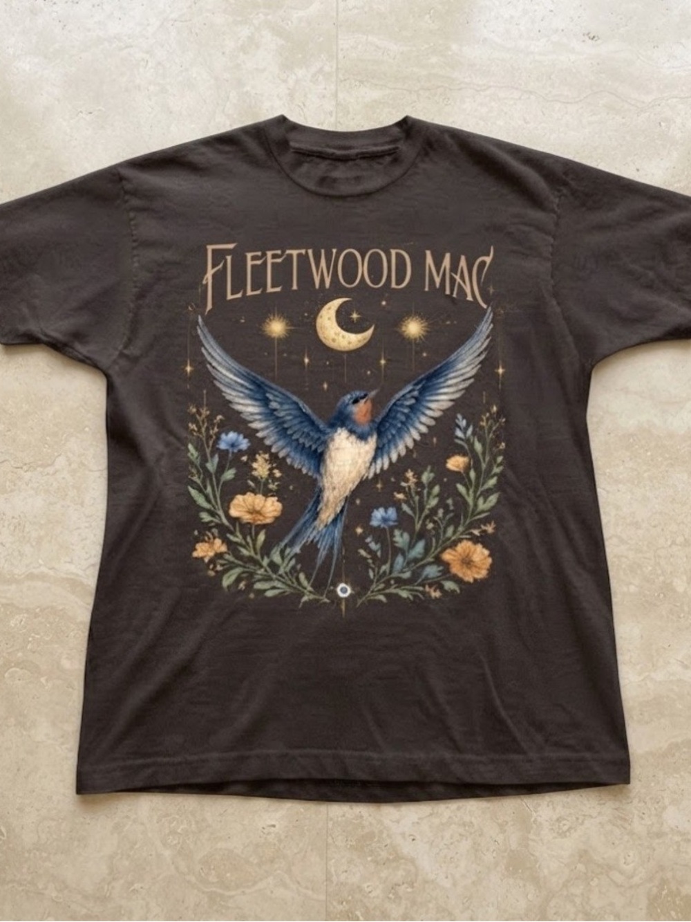 Fleetwood Mac Swallow Bird Floral Moon Dark Brown Gildan T-Shirt